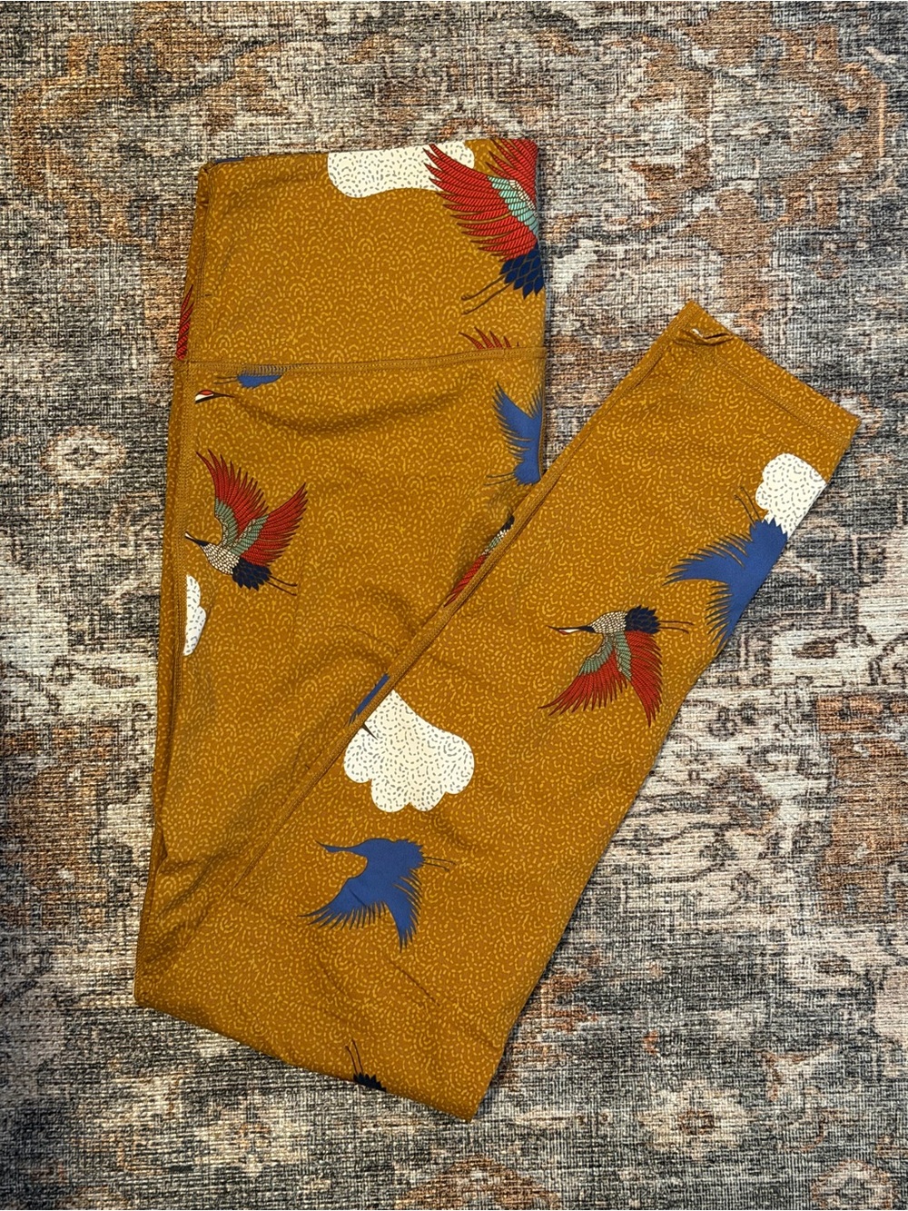Carly Jean Los Angeles Mustard Yellow Bird Print Leggings
